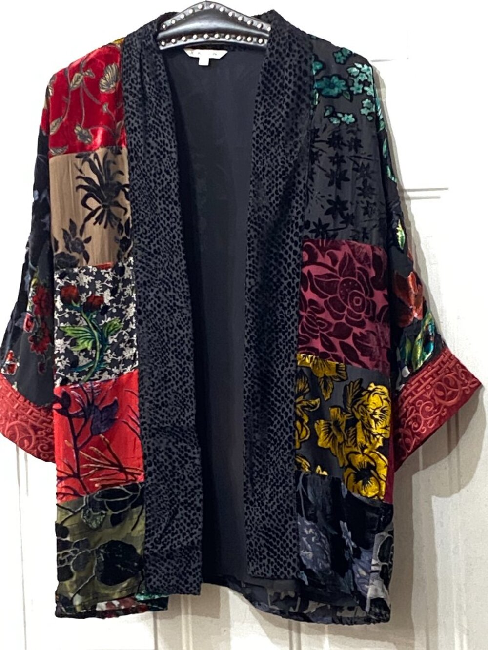 John Mark Womens Sz XS Open Cardigan Kimono 3/4 Sleeve Multi Patchwork Lining